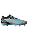 Scarpa da calcio Adidas X Crazyfast Messi.3 FG argento-blu-nero vista laterale con tomaia multistrato e design Messi