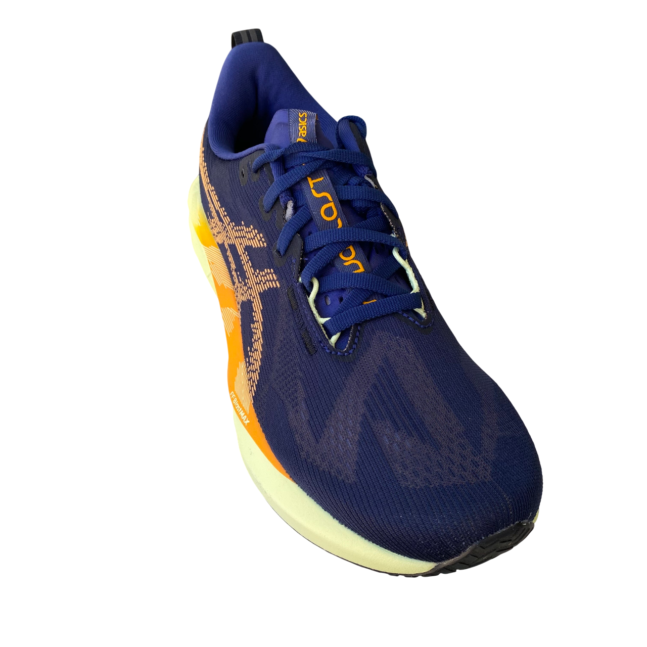 Asics Novablast 5 1011B974-402 scarpa da corsa uomo blu-ambra, vista laterale con dettagli tecnologici tomaia traspirante