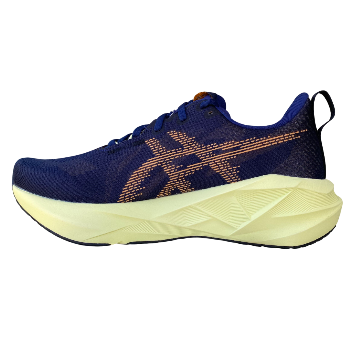 Asics Novablast 5 1011B974-402 scarpa da corsa uomo blu-ambra, vista laterale con dettagli tecnologici della vista interna