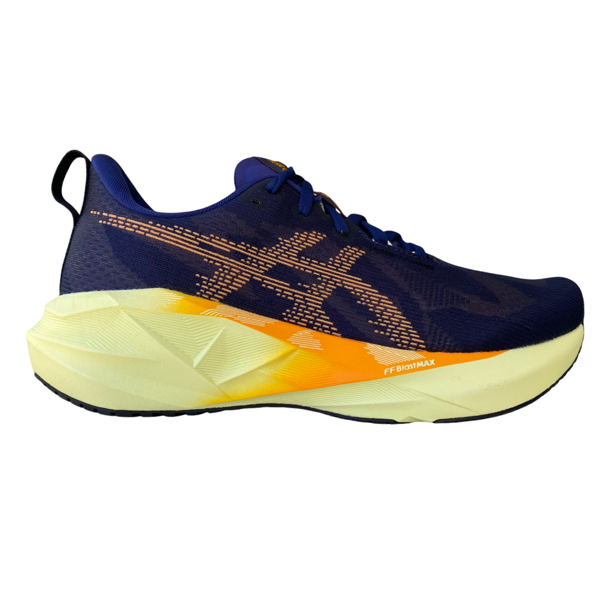 Asics Novablast 5 1011B974-402 scarpa da corsa uomo blu-ambra, vista laterale con dettagli tecnologici