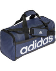 Borsone medio Adidas Duffel HR5349 blu-bianco con zip bidirezionale e base resistente, vista laterale
