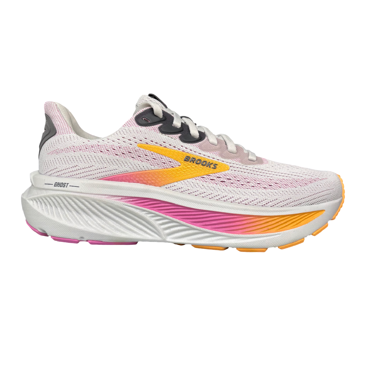 Scarpe running Brooks Ghost 17 da donna colore ostrica-albicocca vista laterale esterna con dettaglio ammortizzazione