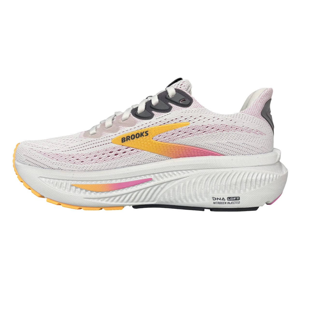 Scarpe running Brooks Ghost 17 da donna colore ostrica-albicocca vista laterale interna con dettaglio ammortizzazione