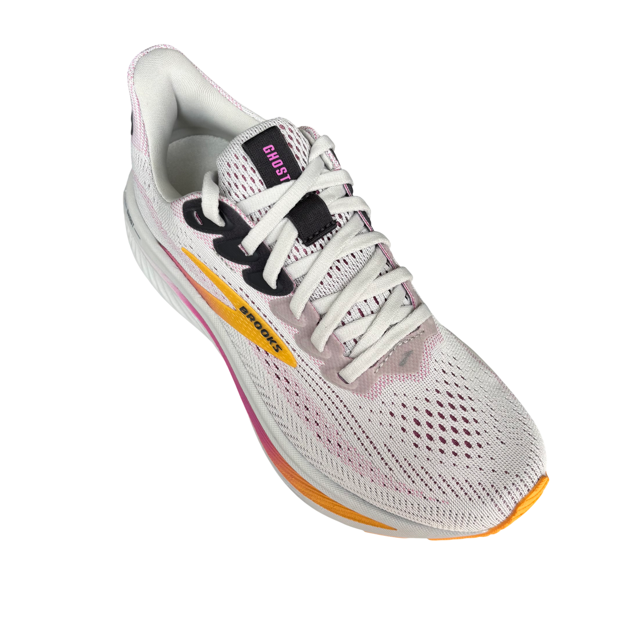 Scarpe running Brooks Ghost 17 da donna colore ostrica-albicocca vista dall'alto con dettaglio tomaia e lacci
