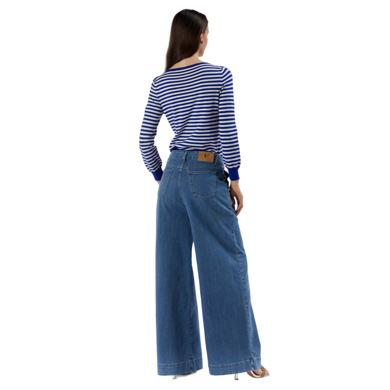 CafèNoir Maglia girocollo a righe da donna con bottoni alle spalle C7JM0191 N061 bianco bluette