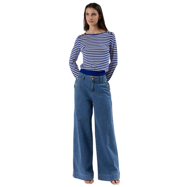 CafèNoir Maglia girocollo a righe da donna con bottoni alle spalle C7JM0191 N061 bianco bluette