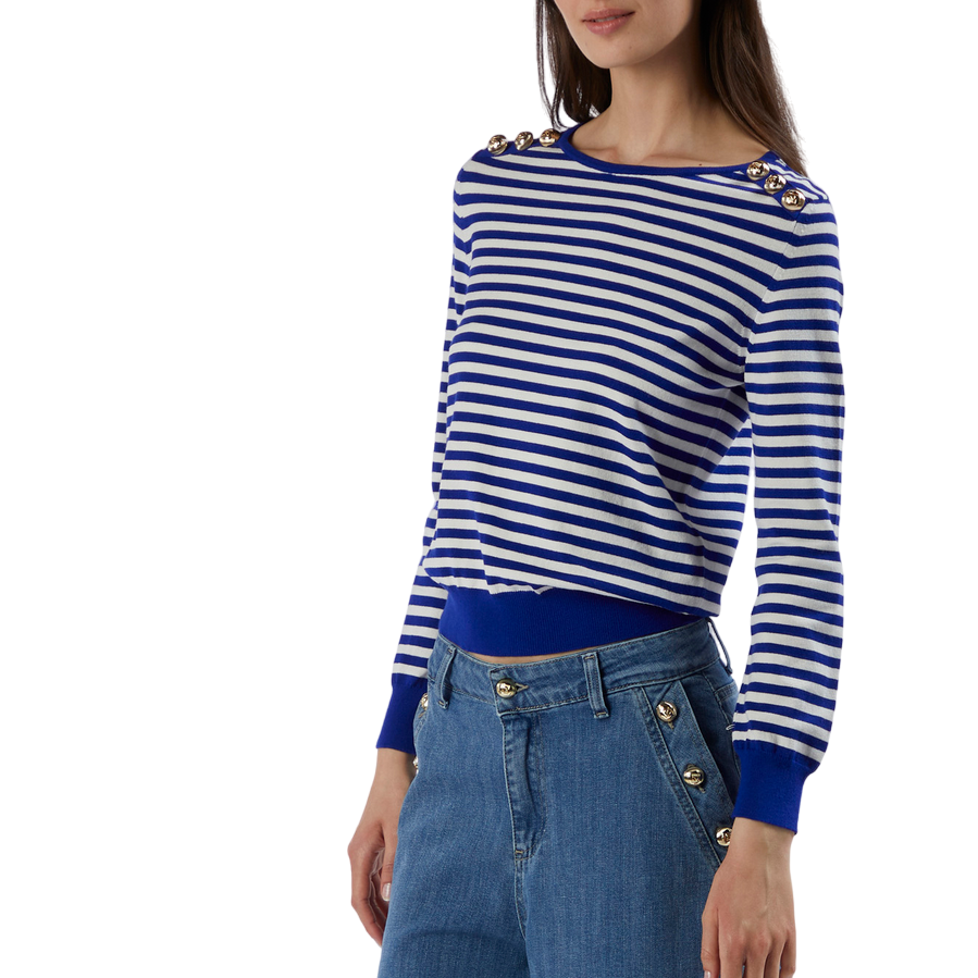 CafèNoir Maglia girocollo a righe da donna con bottoni alle spalle C7JM0191 N061 bianco bluette