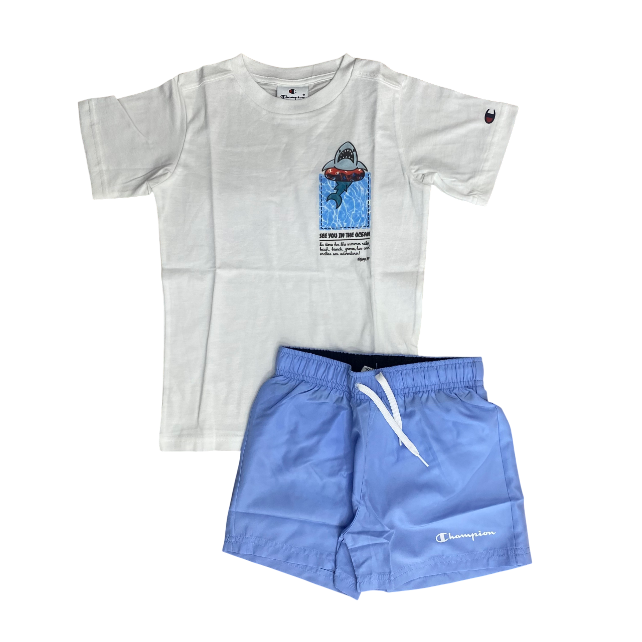 Set estivo Champion per bambini modello 307063 WW001 bianco e blu, completino infant originale - frontale