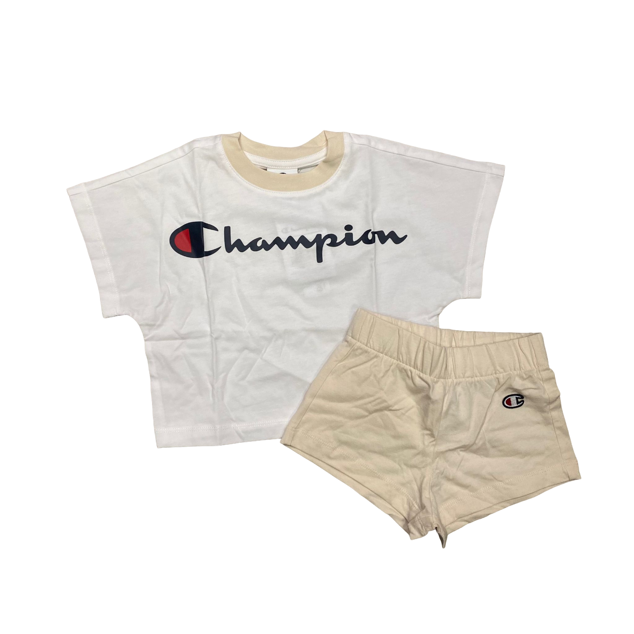 Champion completino da ragazza magletta e pantaloncino 404966 bianco crema