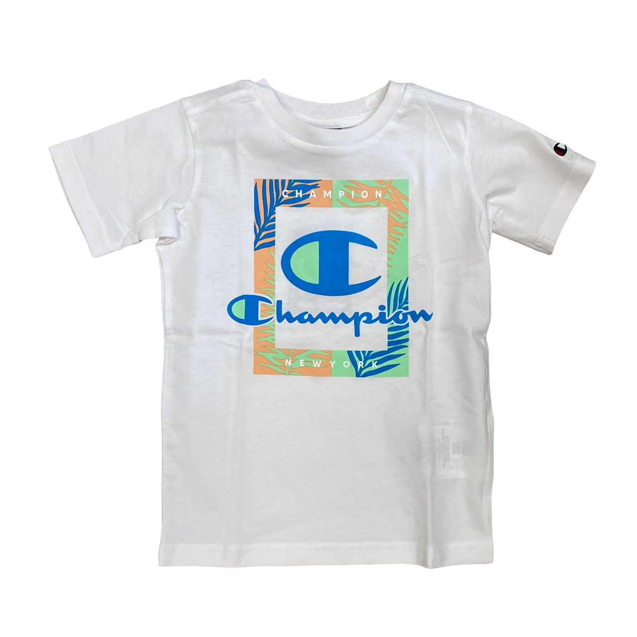 Champion completo da ragazzo maglietta manica corta e pantaloncino Boxer mare 306793 WW001 bianco-celeste