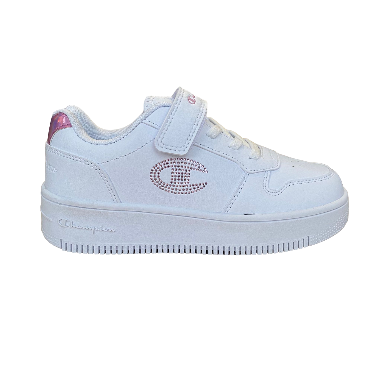 Champion scarpa sneakers da bambina con logo glitterato laccio elastico e velcro S32830-WW010 bianco-rosa