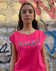 Gaudì maglietta manica corta da donna con logo in applicazioni metalliche 511BD64025 3435 fucsia