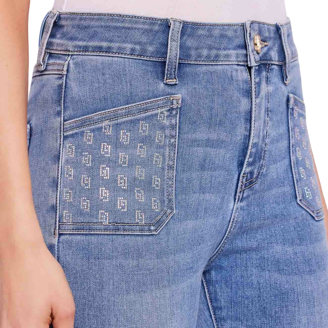 Gaudì pantalone jeans da donna a vita alta con strass alle tasche a zampa 511BD26004 00 blu chiaro