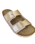 Goldstar ciabatta da donna con sottopiede in pelle 2 fasce laminata e gliettata e con fibbie glitterate GS6800QS oro
