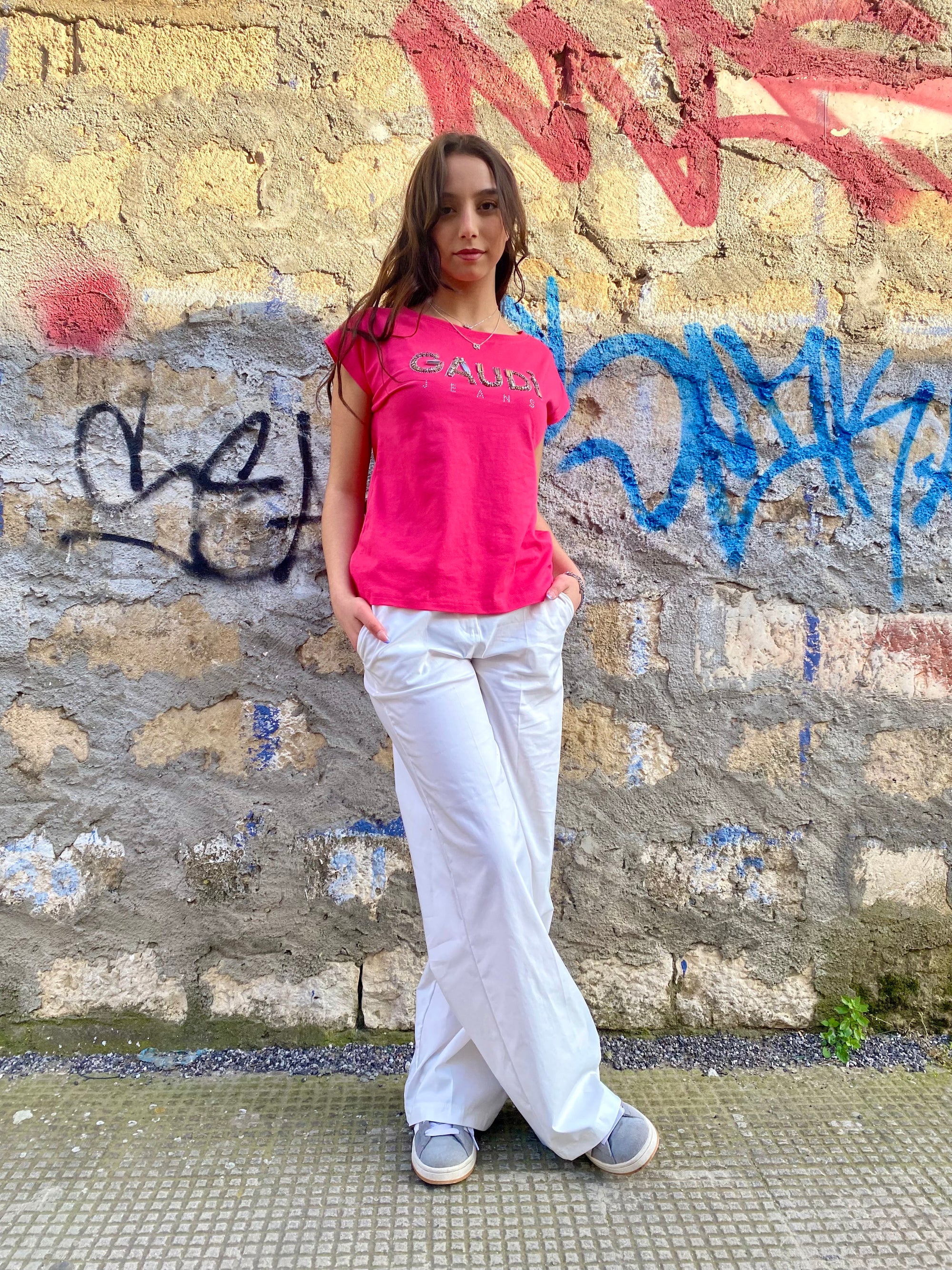 Griffai pantapalazzo elasticizzato da donna con elastico dietro Bryan DGP7078 panna