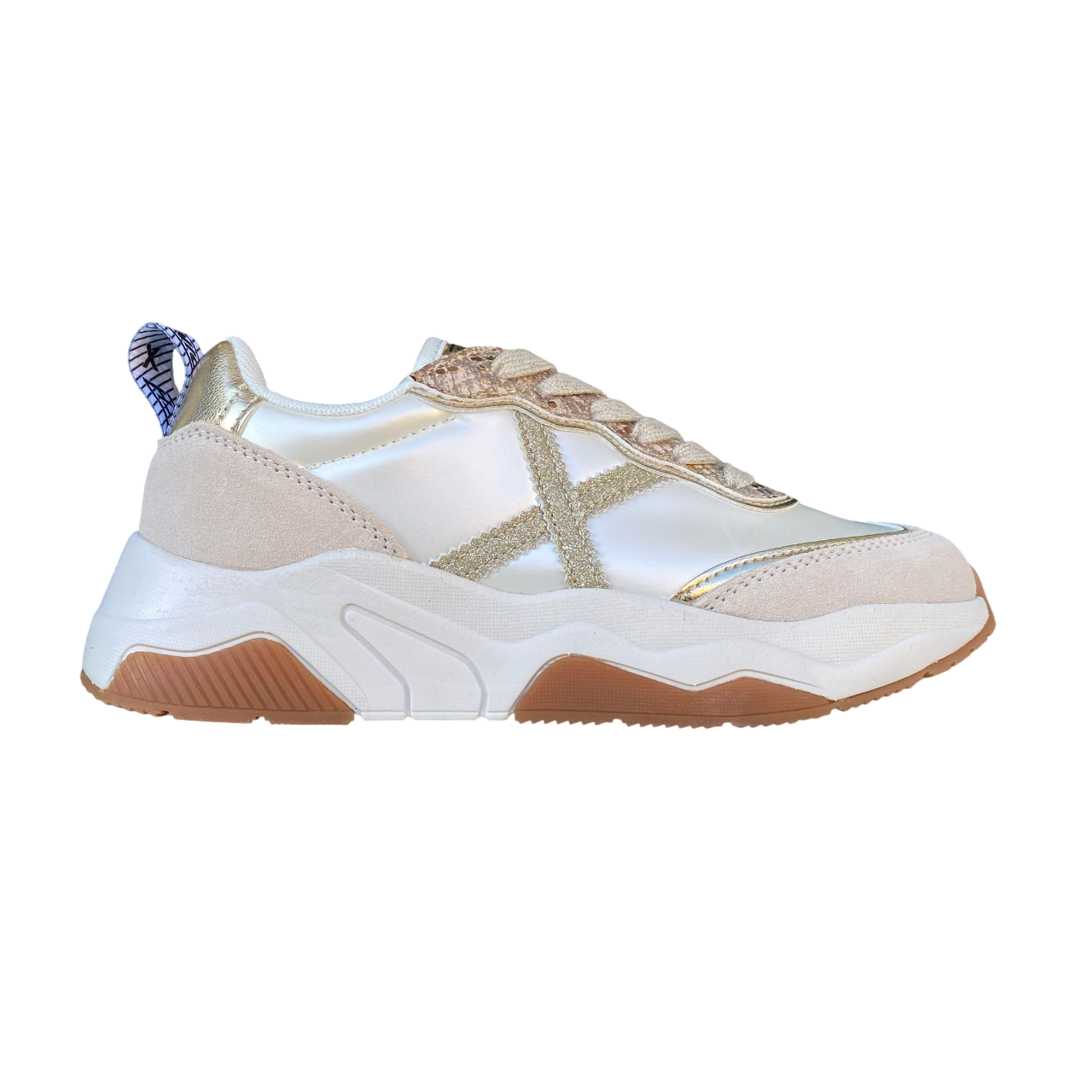 Munich scarpa sneakers da donna con X glitter dorato e inserto pitonato sul dorso Wave 173 perla