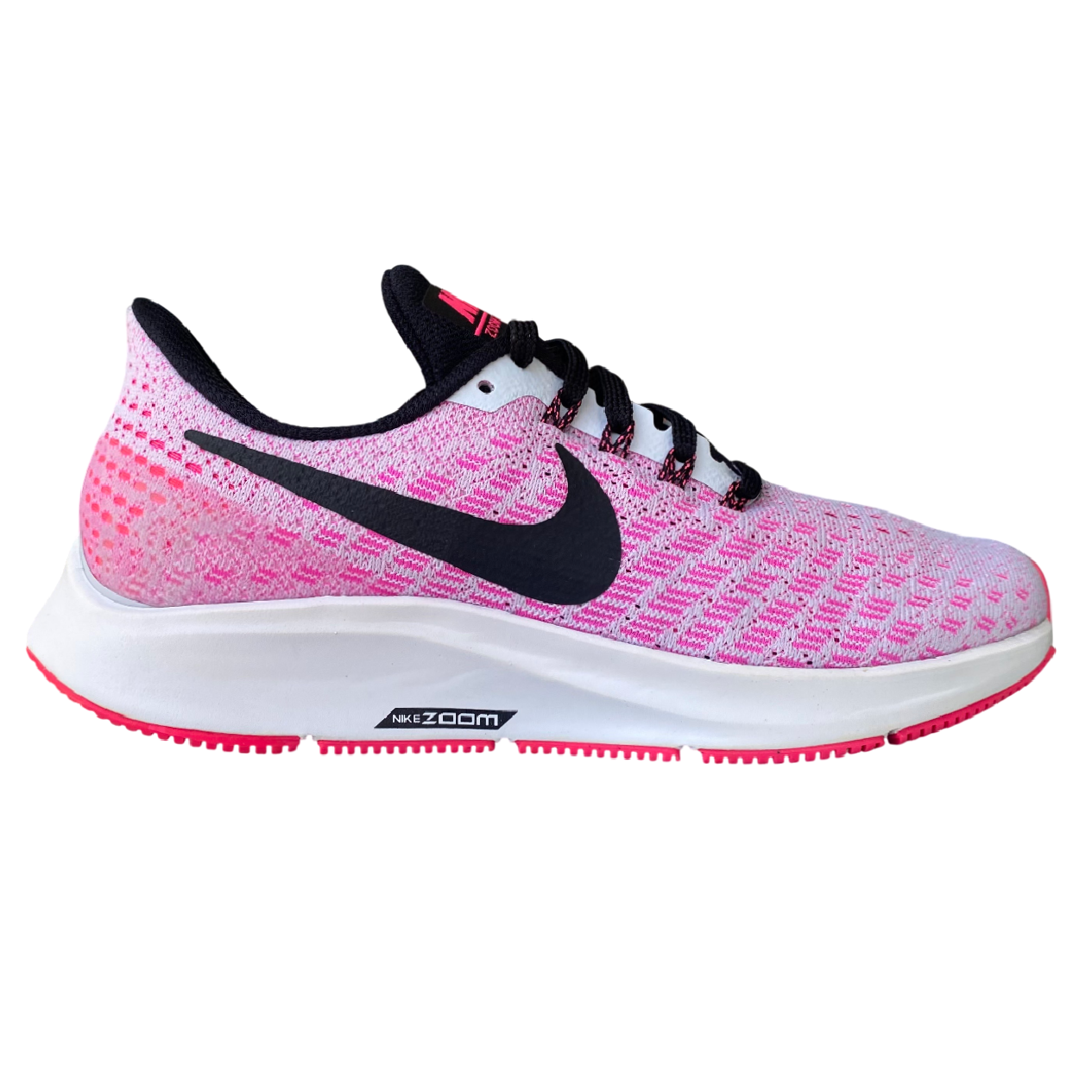 Scarpe running Nike Air Zoom Pegasus 35 da donna colore blu-rosa vista laterale esterna con tecnologia Zoom Air