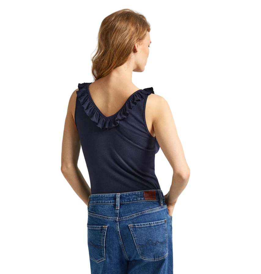 Pepe Jeans maglietta canotta con scollo a V a costine Leire PL505851 594 blu