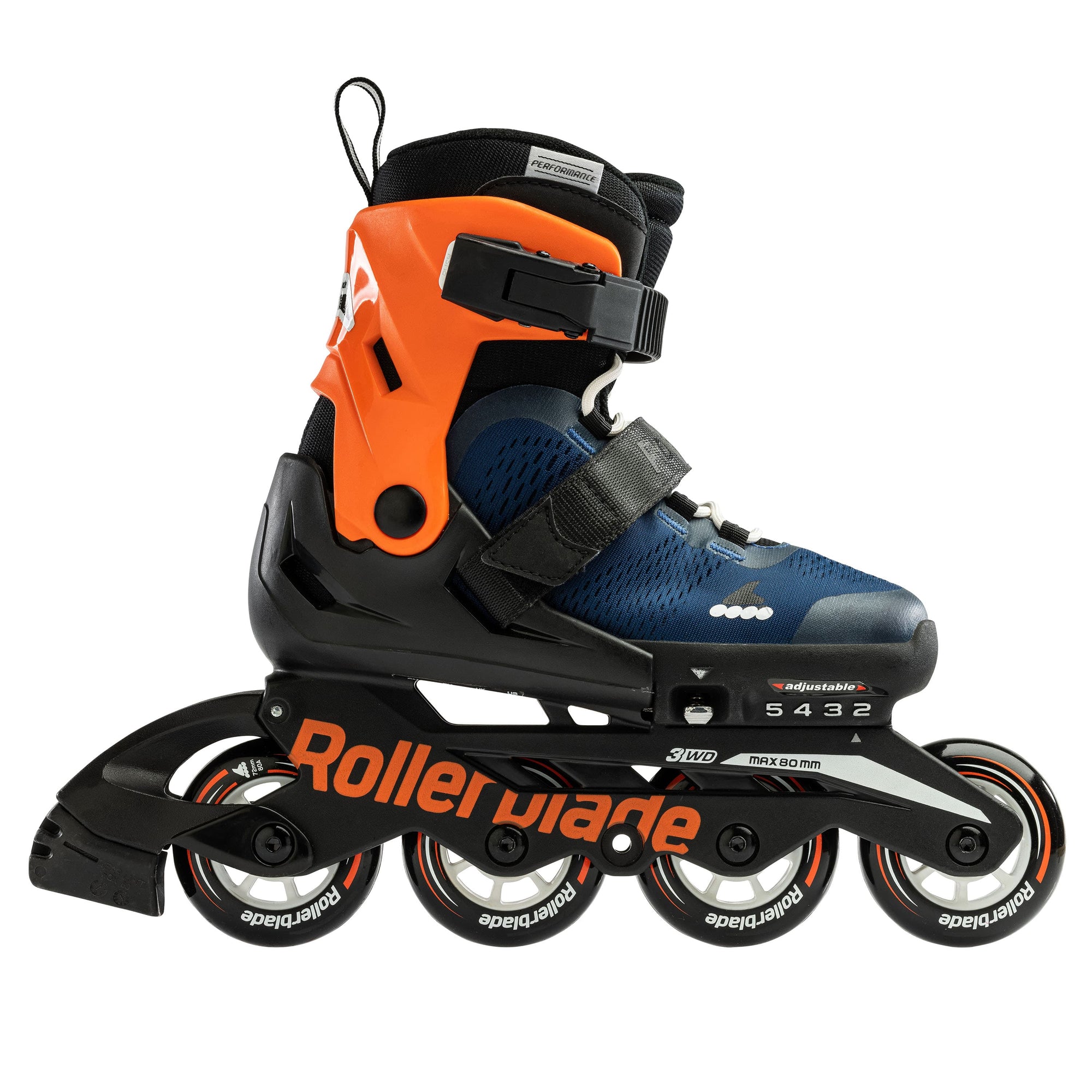 Rollerblade Microblade 07221900174 blu notte-arancio, pattino estensibile da ragazzi con sistema di regolazione su 4 taglie, scarpetta comfort e telaio performante