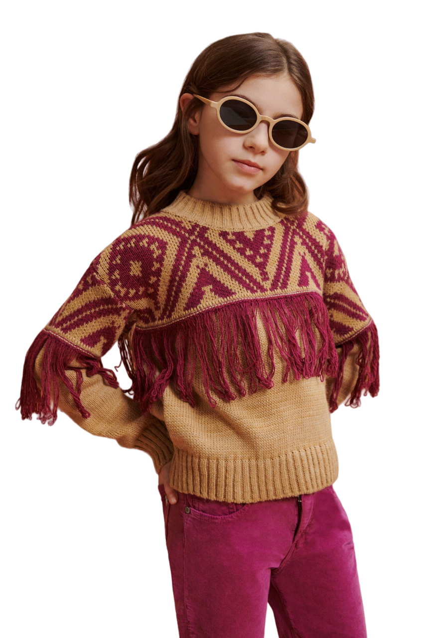 Please Maglione bambina fantasia geometrica con frange applicate NB53230G55 1801 avana