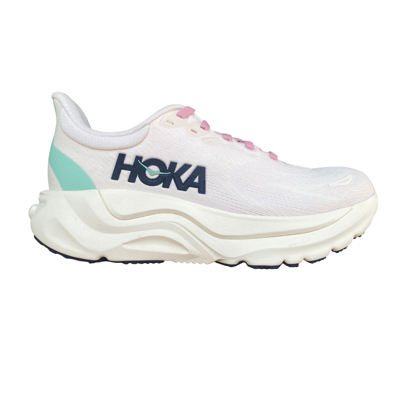 Profilo esterno Hoka One One Arahi 8 rosa chiaro con logo Hoka e design slanciato moderno