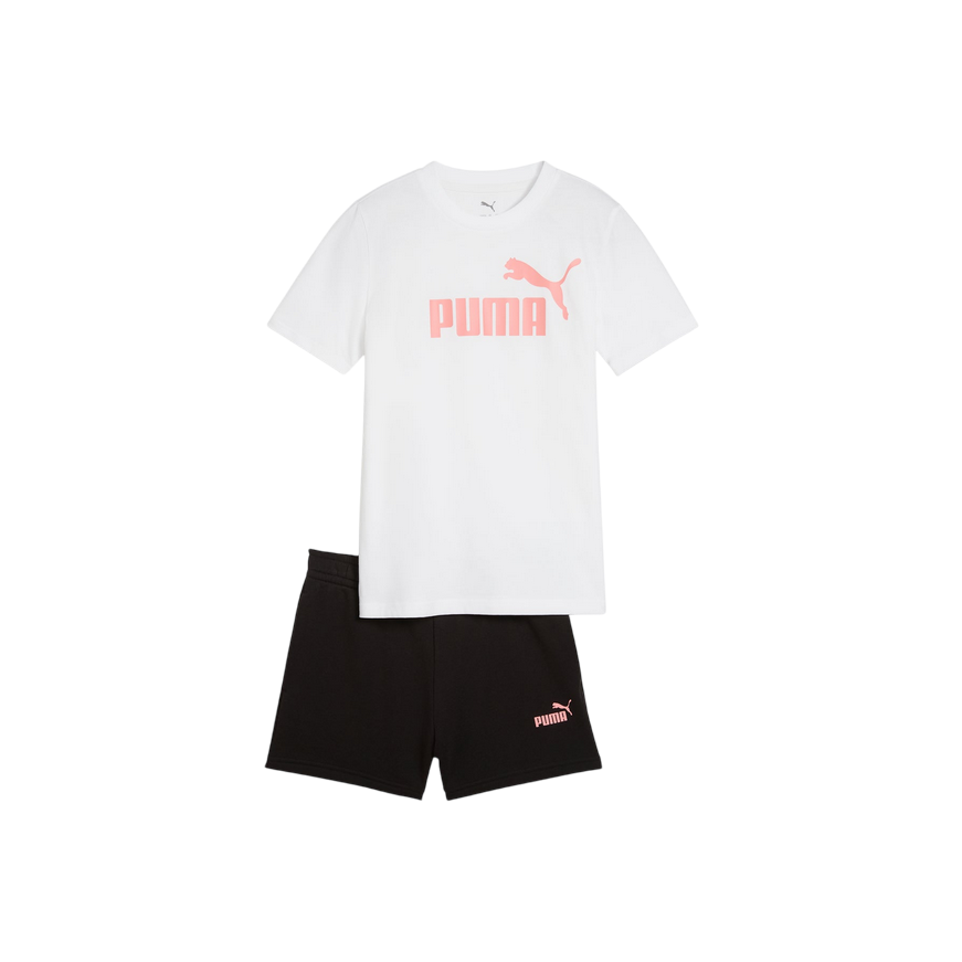 Puma completo maglietta e pantaloncino junior Essential 686307-02 bianco-nero-salmone frontale