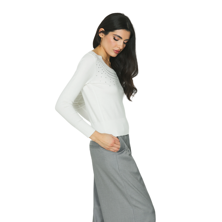 Relish maglia manica lunga con scollo ampio con strass Morgana RDA2402605059 latte