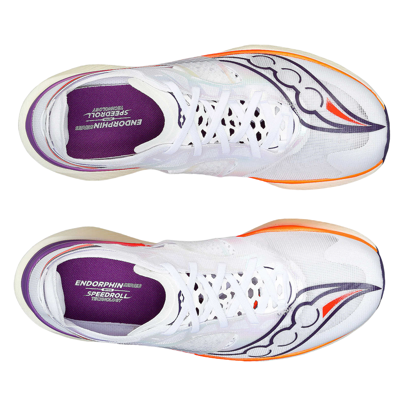 Vista dall'alto Saucony Endorphin Elite S20768-126 bianco con tomaia in mesh ultraleggero
