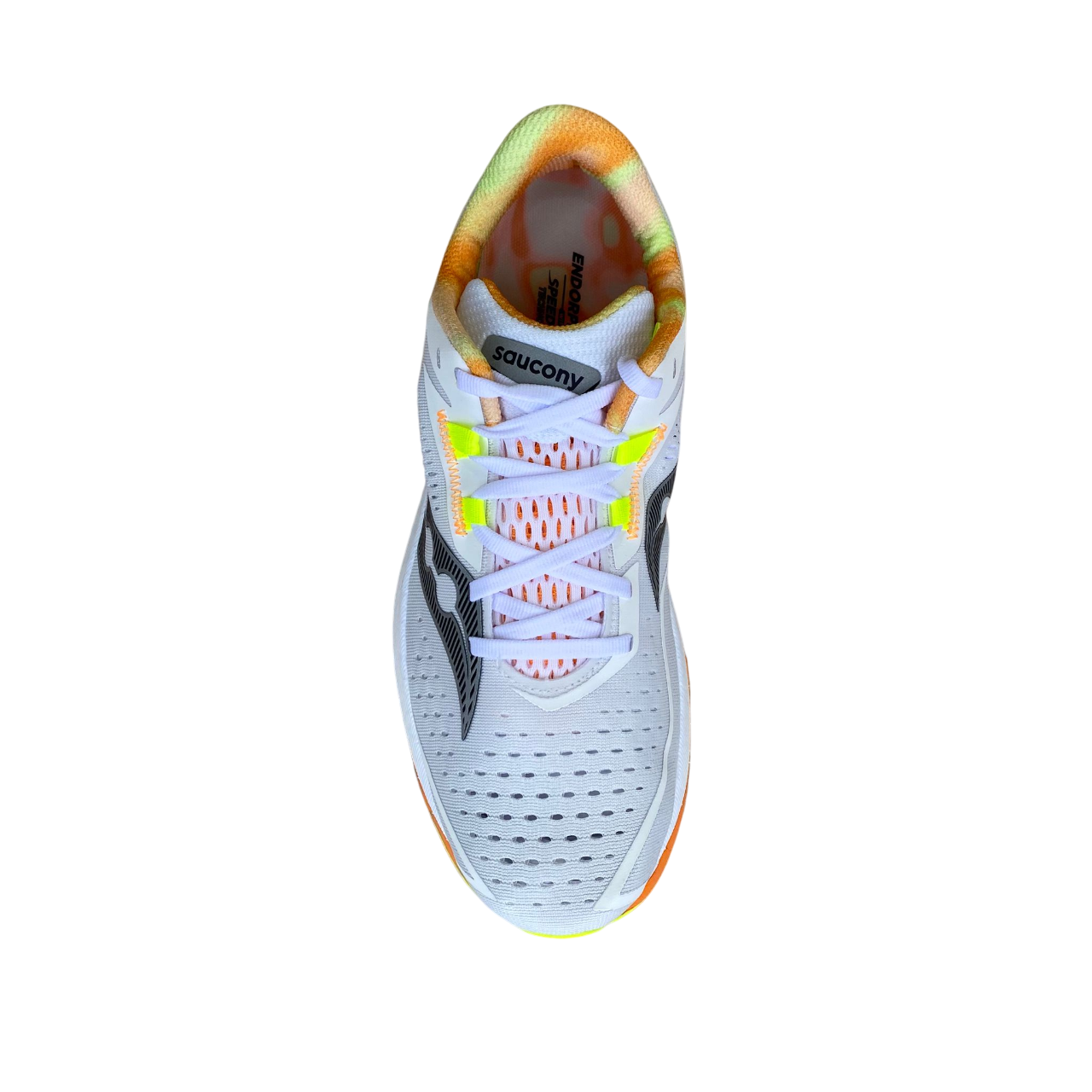 Vista dall'alto Saucony Endorphin Speed 4 S20940-30 bianco-arancio con tomaia in mesh FORMFIT