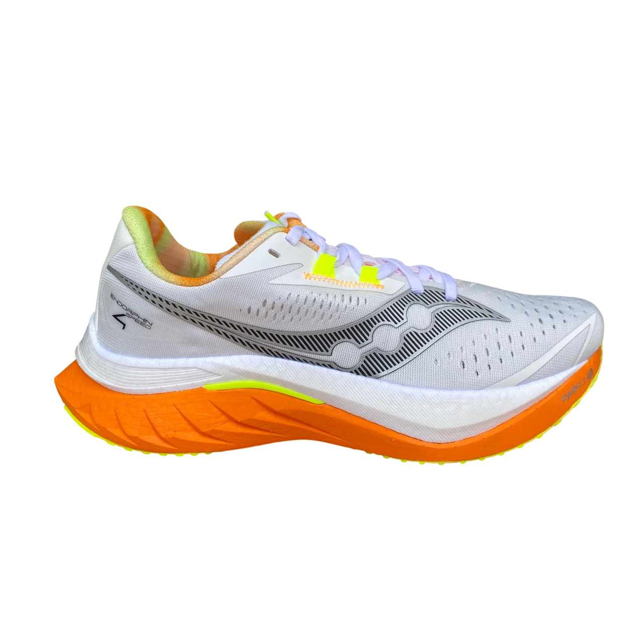 Saucony Endorphin Speed 4 S20940-30 scarpa da corsa bianco-arancio con piastra in nylon vista laterale