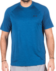 T-shirt tecnica Under Armour HeatGear blu per uomo, tessuto leggero anti-sudore, frontale