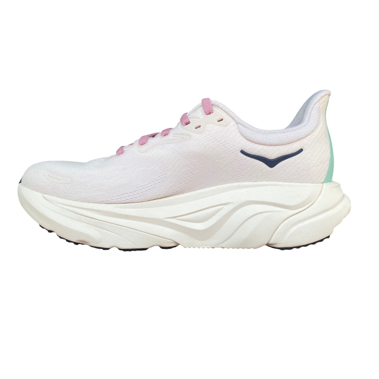 Vista laterale interna Hoka Arahi 8 rosa chiaro con tecnologia H-Frame per controllo iperpronazione e stabilità