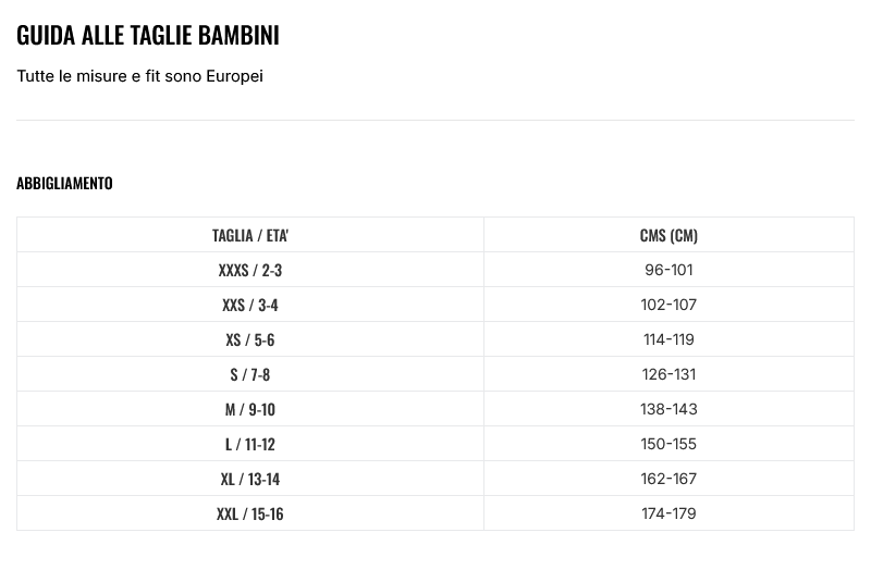 champion junior, tabella misurazione taglie