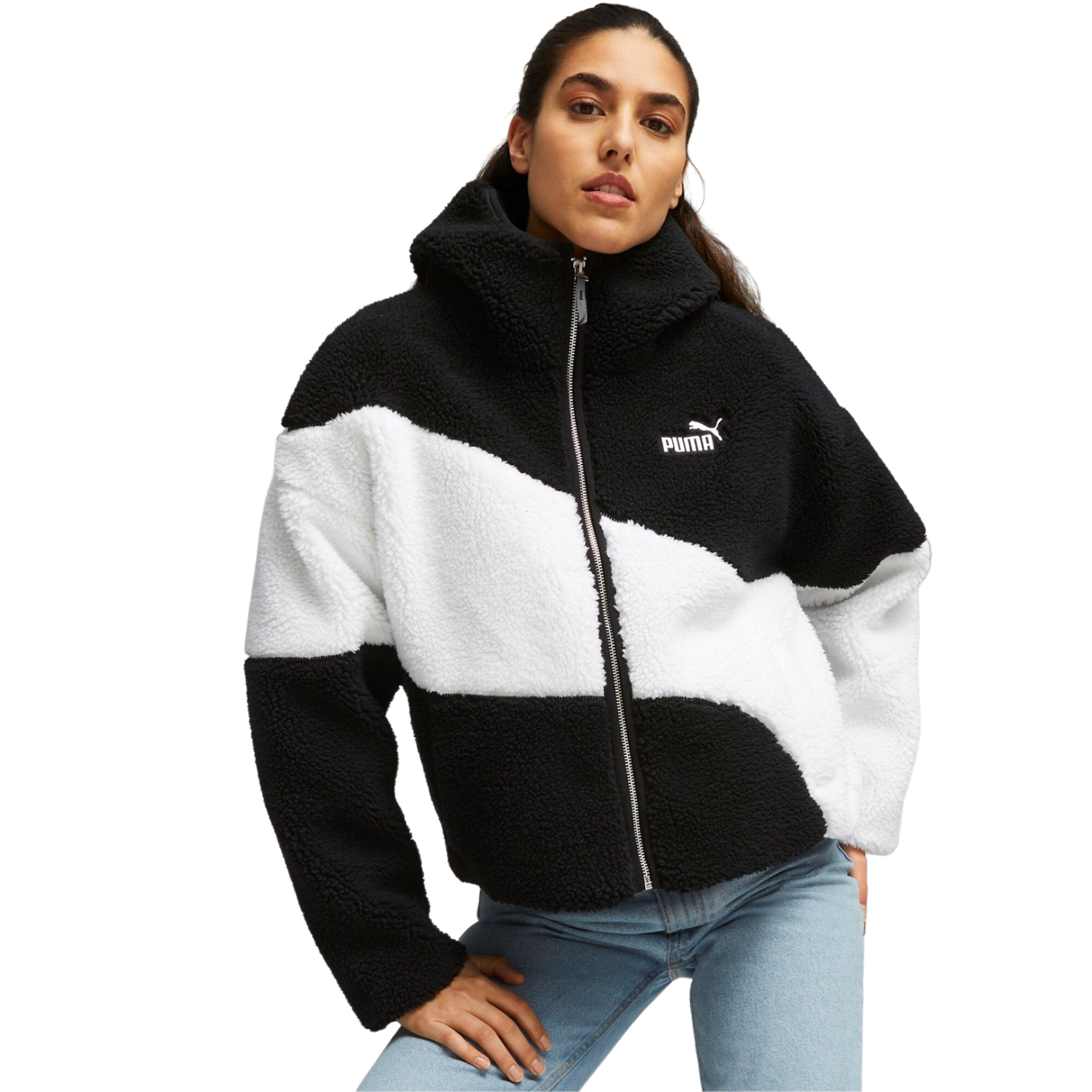 Puma Giubbino orsacchiotto con cappuccio Sherpa 675370-01 nero-bianco