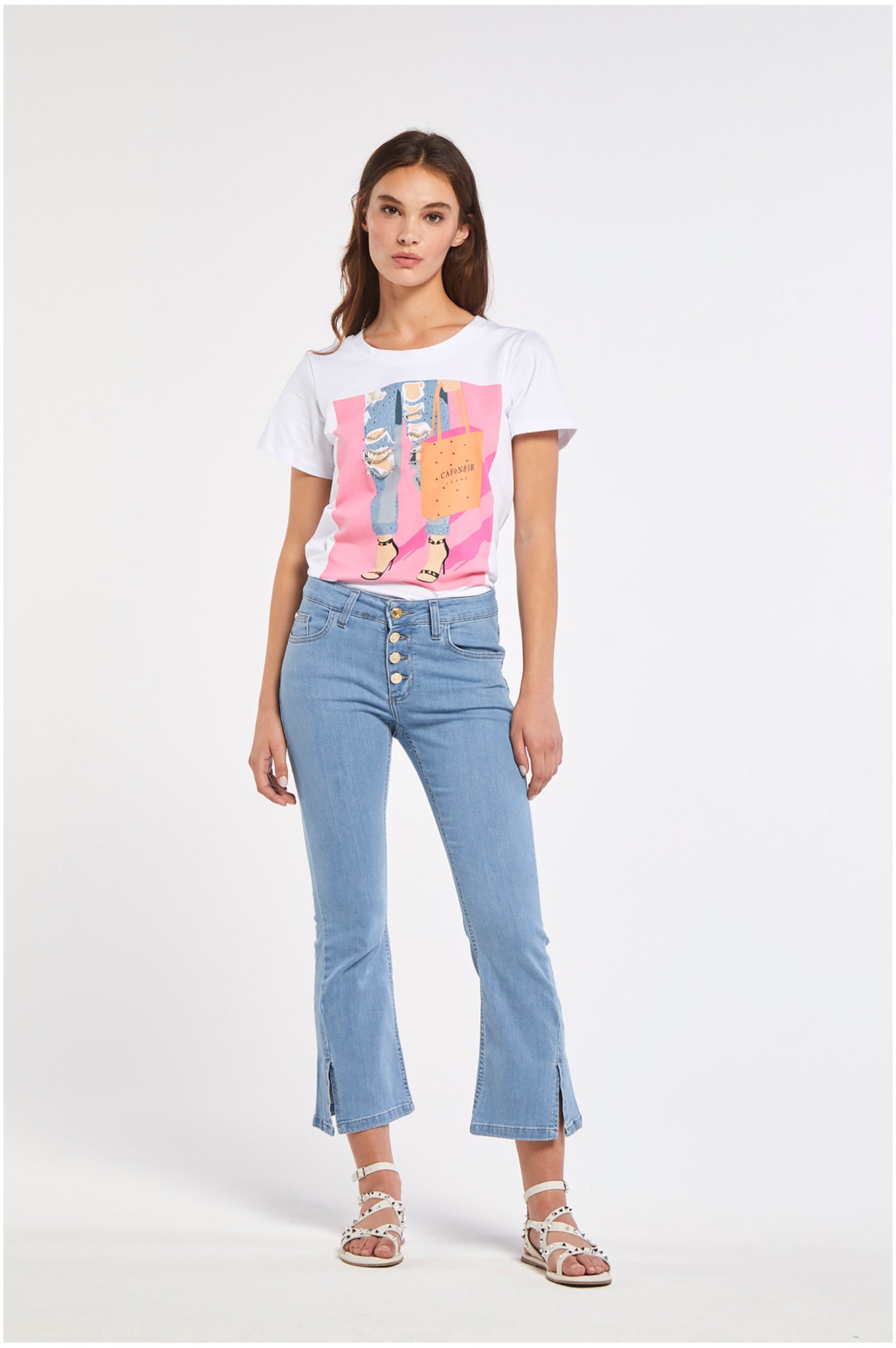 CafèNoir Pantalone Jeans Cropped Flare con bottoni a vista C7JJ0077 B049 sky