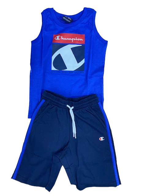 Champion completino da ragazzo Legacy Graphic Canotta + Bermuda 306318 BS071 ETR bluette-navy
