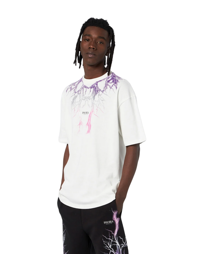 Phobia T-shirt unisex bianca con fulmini viola grigi fuxia PH00108PUGRFU
