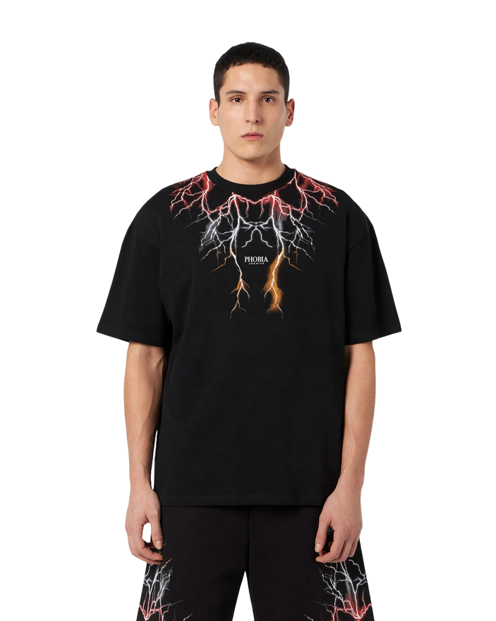 Phobia T-shirt unisex nera con fulmini rossi grigi arancioni PH00106REDGROR