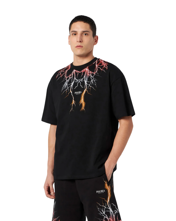 Phobia T-shirt unisex nera con fulmini rossi grigi arancioni PH00106REDGROR