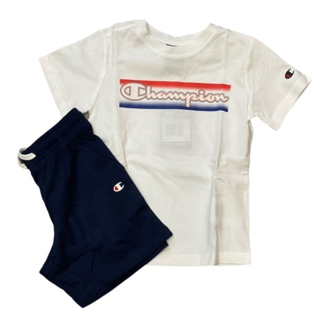 Champion completo da ragazzo maglietta e pantaloncino 305985 WW001 WHT bianco-blu