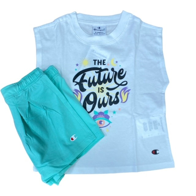 Champion Completo ragazza T-shirt smanicata e pantaloncino 404397 WW001 WHT white
