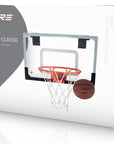 Canestro basket mini Pure 2Improve Fun Hoop Classic P2I100210 montato sopra porta con tabellone e pallone, scatola