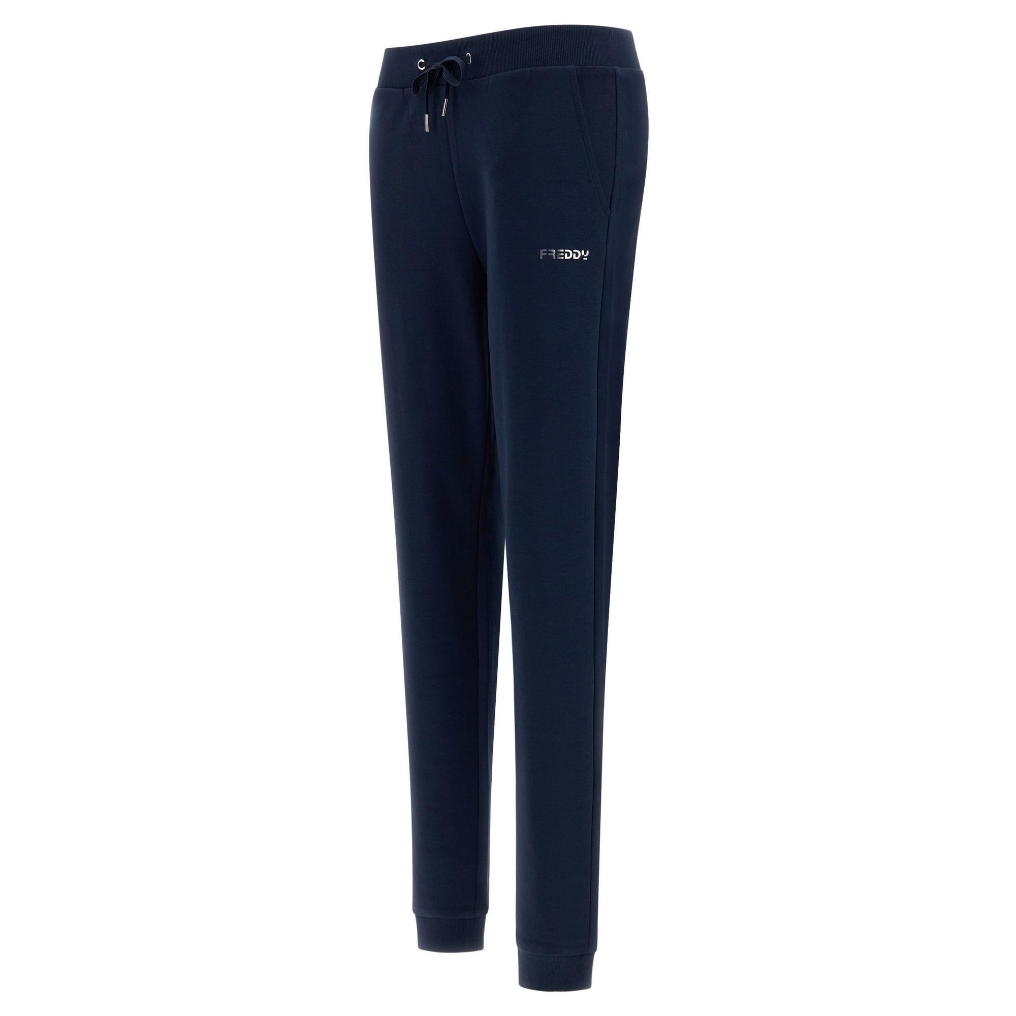 Freddy pantalone sportivo in interlock con stampa in argento e fondo con polsino S3WBCP8 B94 blu navy