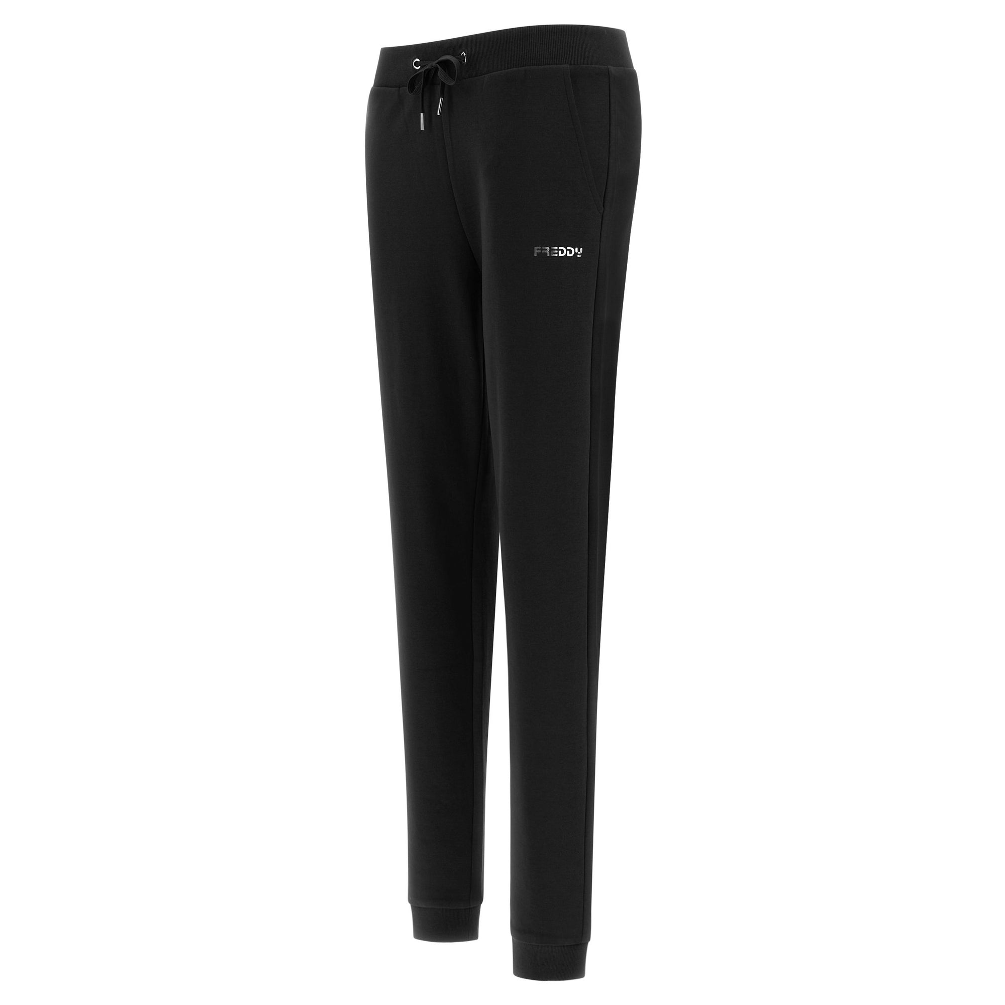 Freddy pantalone sportivo in interlock con stampa in argento e fondo con polsino S3WBCP8 N black