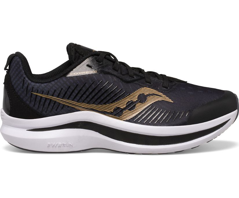 carpe da corsa Saucony Endorphin SK266073 da ragazzo, colorazione nero-oro, tecnologia ammortizzante, vista laterale