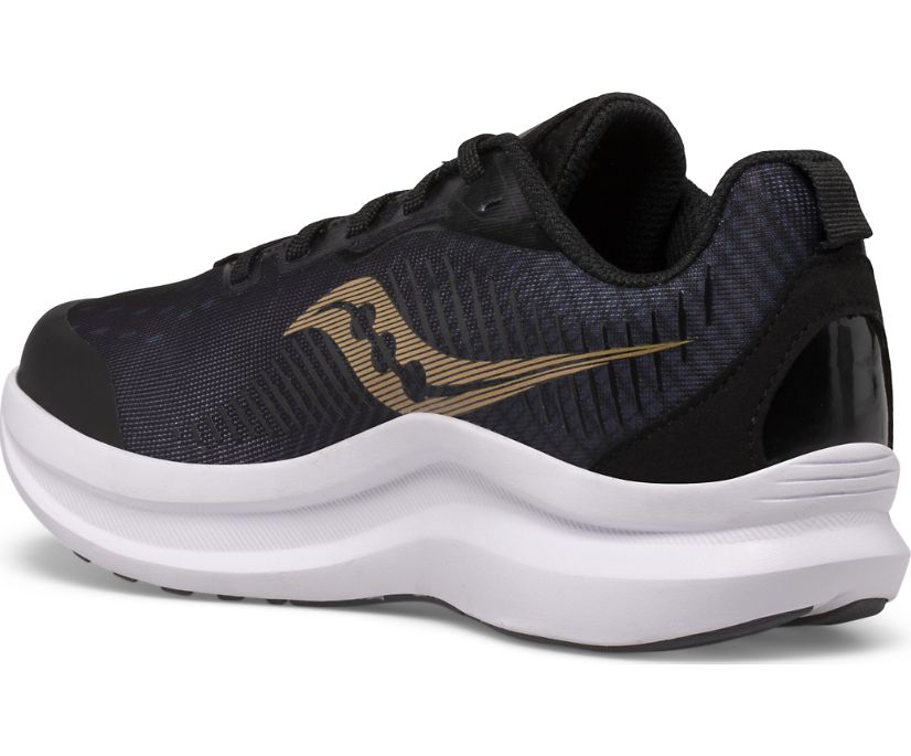 carpe da corsa Saucony Endorphin SK266073 da ragazzo, colorazione nero-oro, tecnologia ammortizzante, vista laterale retro