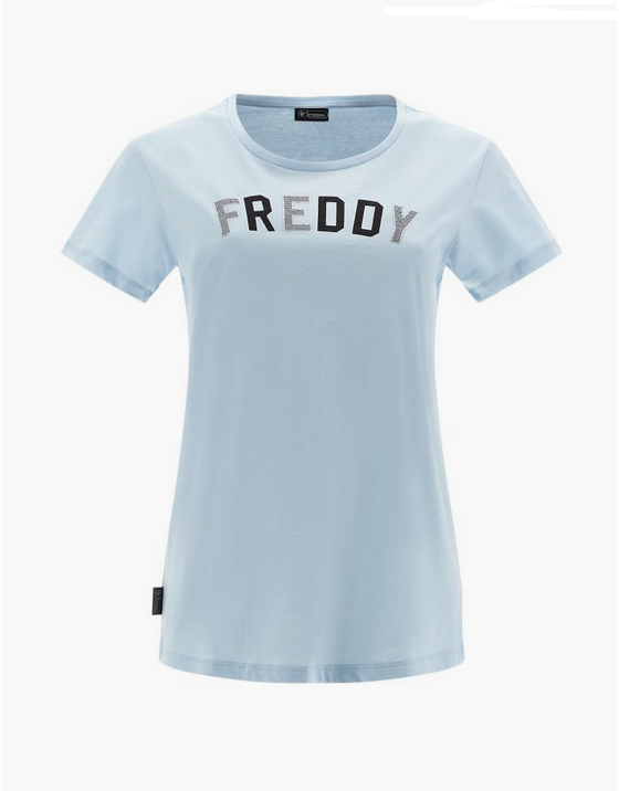 Freddy T-shirt da donna stampa college in strass cristallo e glitter nero S3WCXT2 C66 winter sky