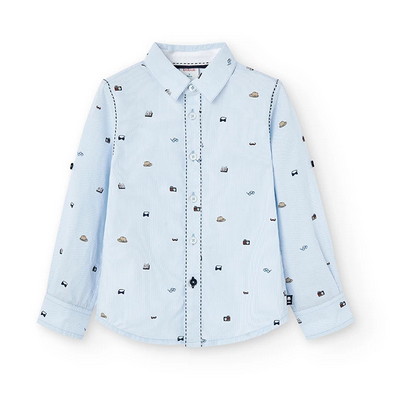 Boboli camicia a manica lunga da bambino e ragazzo in popelin con dettaglio stampa 736354-9052 celeste