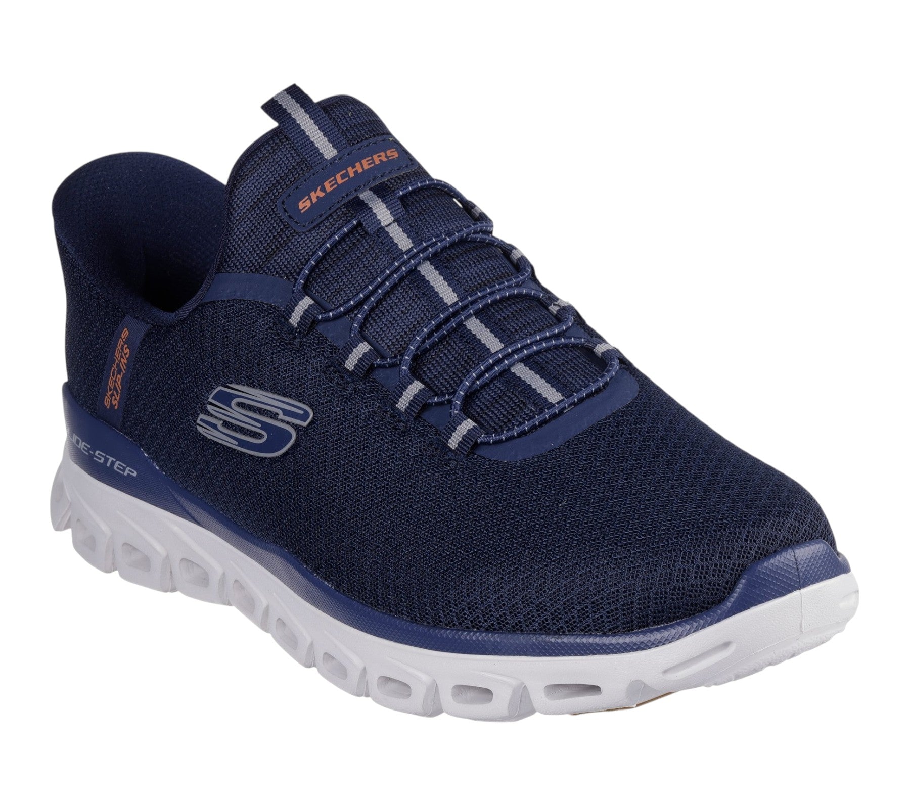 Scarpe Skechers Slip-ins Glide-Step Noxus vista frontale con lacci rotondi elasticizzati fissi blu