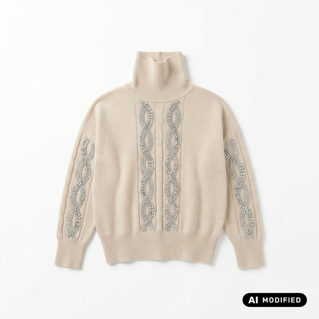Griffai maglia dolcevita con trecce e strass in viscosa finezza 7 DGF6983 naturale